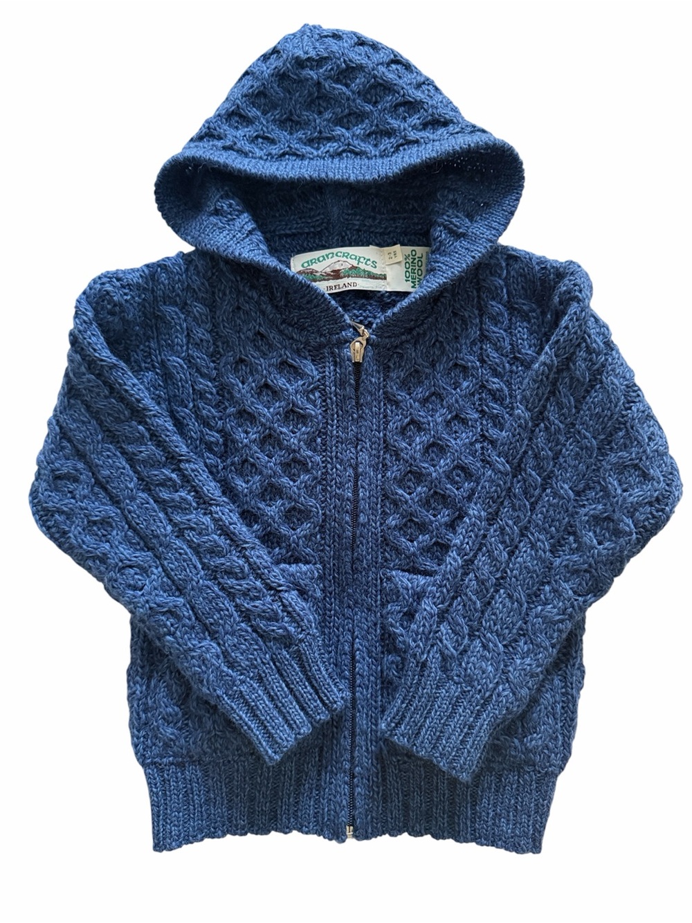 Aran Crafts Kids 2-3Y Merino Wool Irish Cable Knit Hooded Cardigan Blue